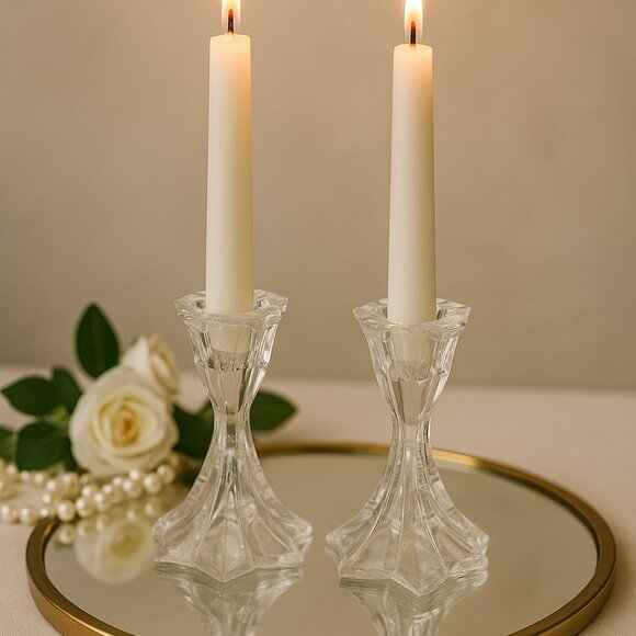 Pair of Vintage Pressed Glass Star Base Taper Candle Holders – Elegant Crystal H - Picture 1 of 2